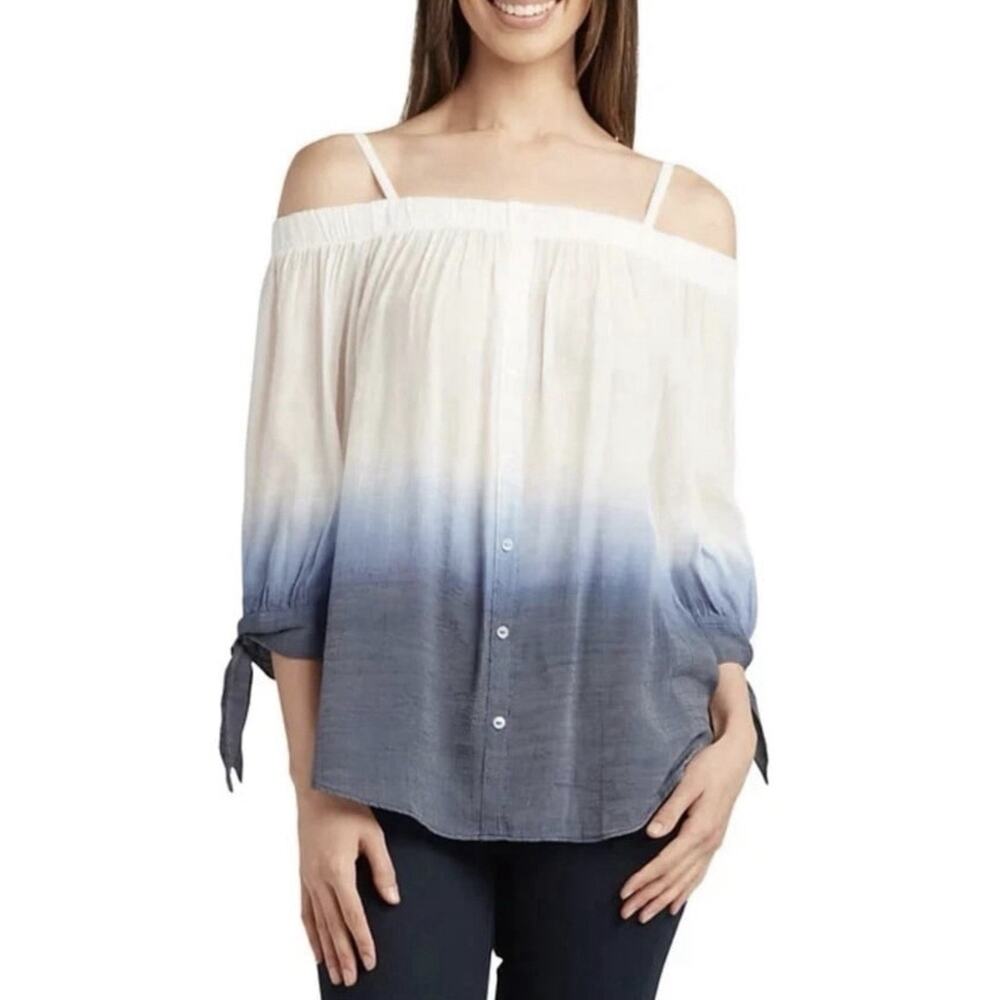 NWT BCX Juniors Off-The-Shoulder Dip-Dyed 3/4-Sleeve Top Blue/White Ombre Medium